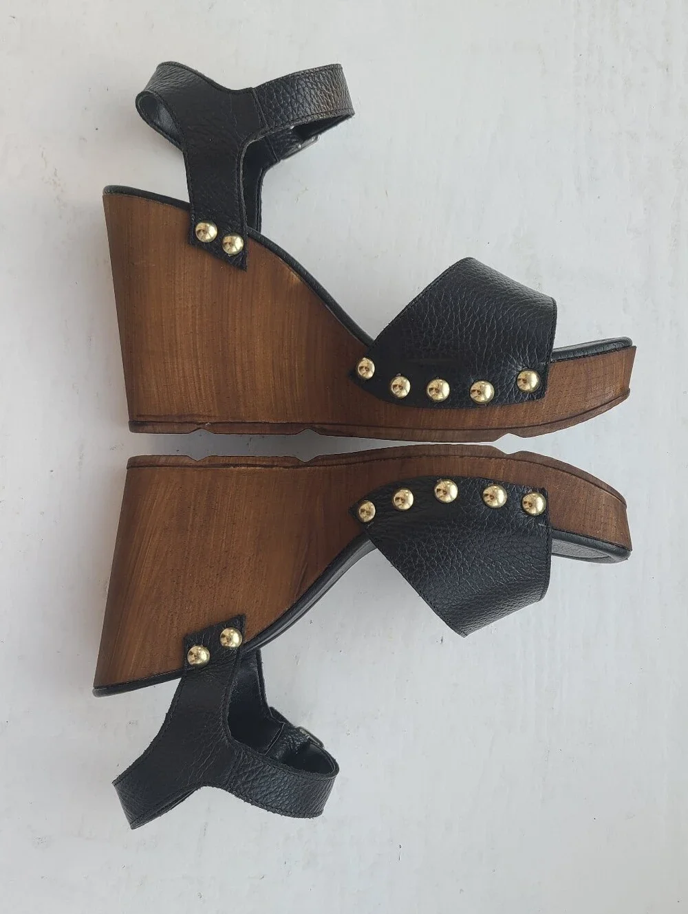 🌟Christian Di Riccio Black Studded Leather Wedge Sandals Size 8 EU 39 Italy - Picture 5 of 9